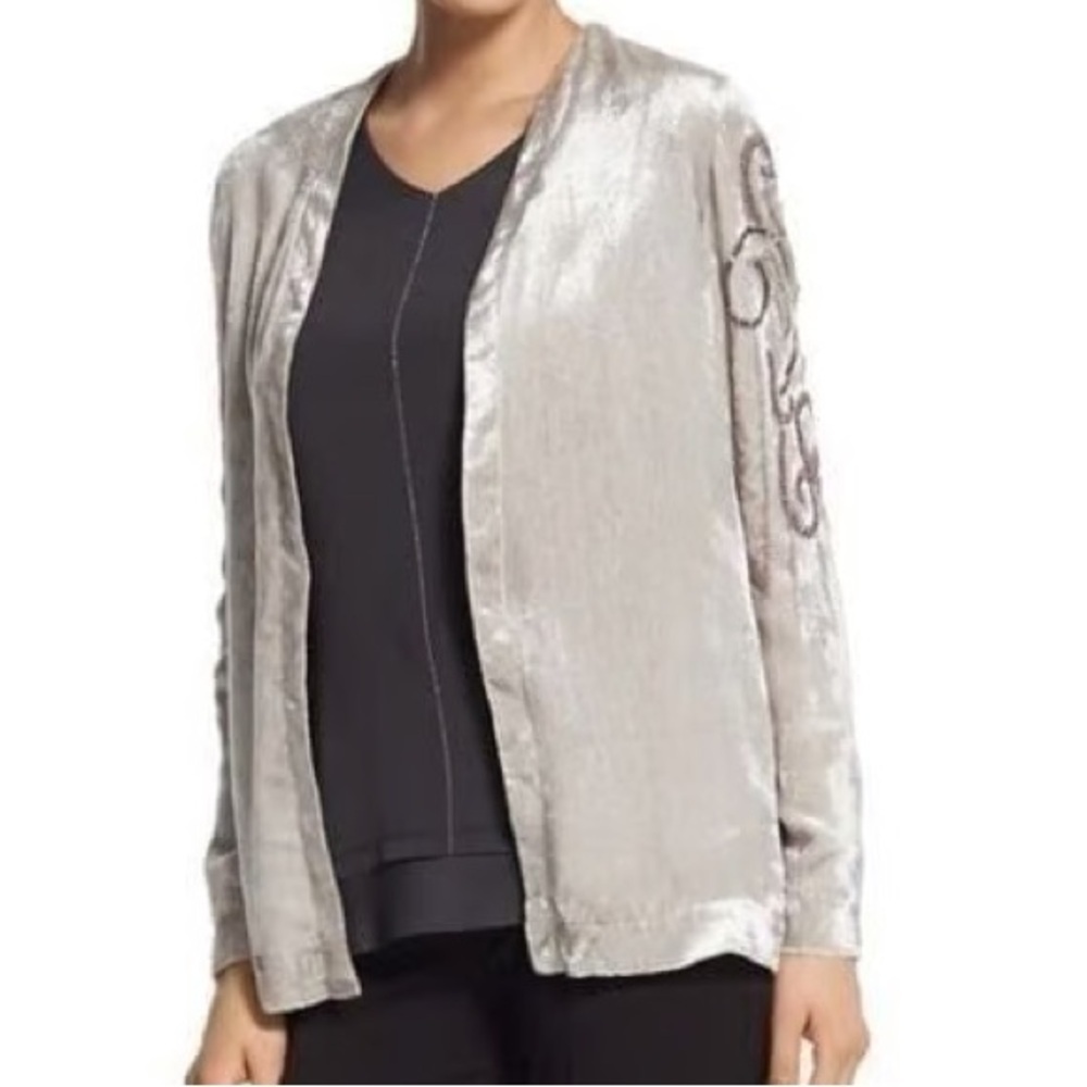 Chico's Velvet Open Front Cardigan | Beading | Silver Grey | Sz 2